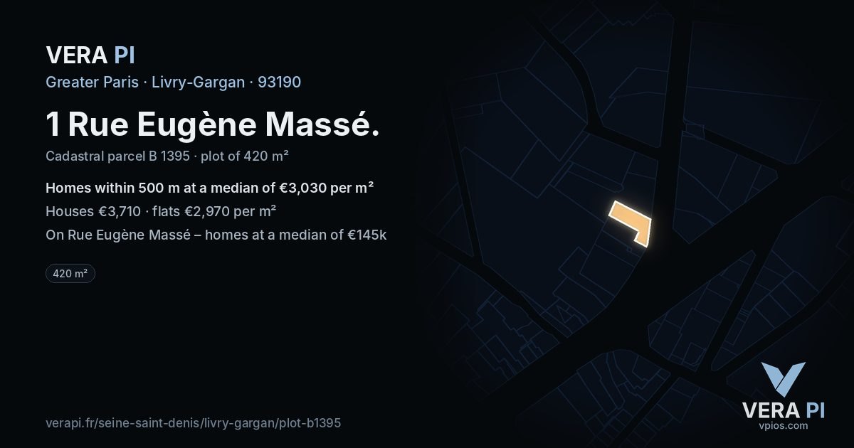 1 Rue Eugène Massé, Livry-Gargan at night – the plot lit, the parcels around coloured by the prices near them