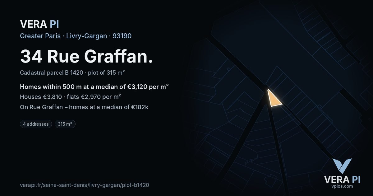 34 Rue Graffan, Livry-Gargan at night – the plot lit, the parcels around coloured by the prices near them