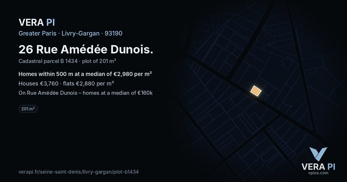 26 Rue Amédée Dunois, Livry-Gargan at night – the plot lit, the parcels around coloured by the prices near them
