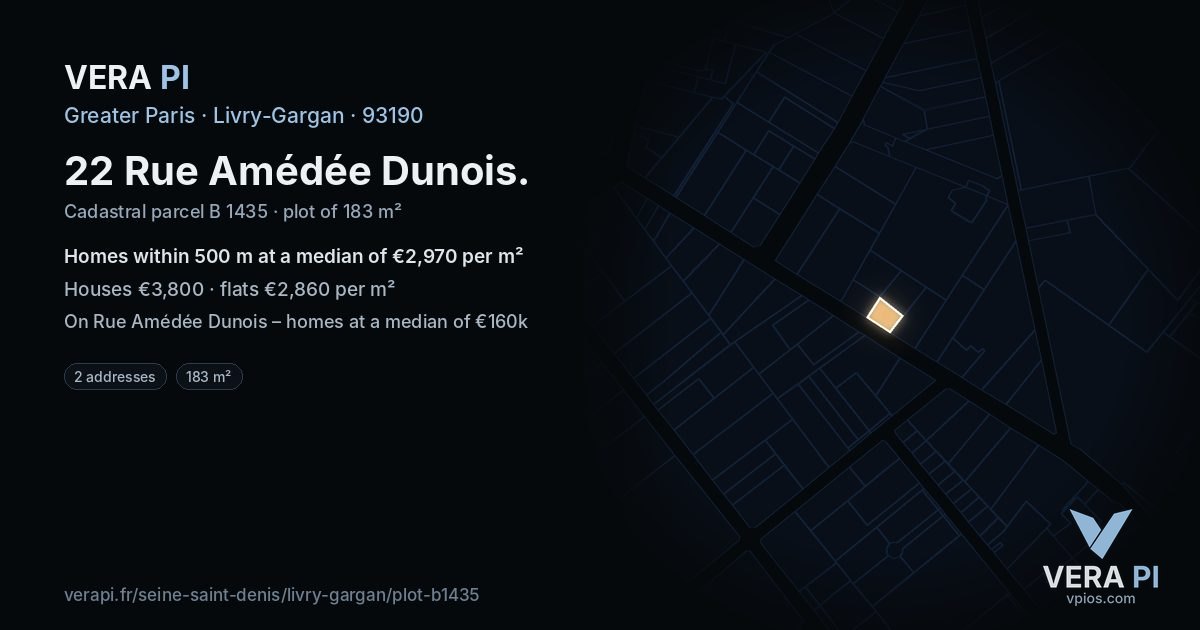 22 Rue Amédée Dunois, Livry-Gargan at night – the plot lit, the parcels around coloured by the prices near them