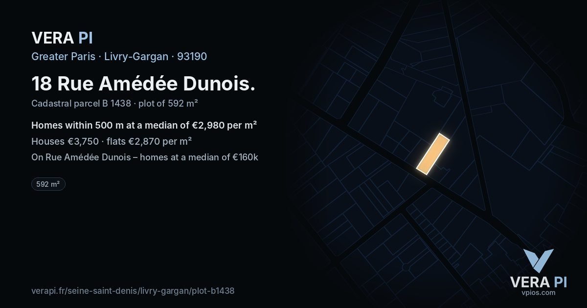 18 Rue Amédée Dunois, Livry-Gargan at night – the plot lit, the parcels around coloured by the prices near them
