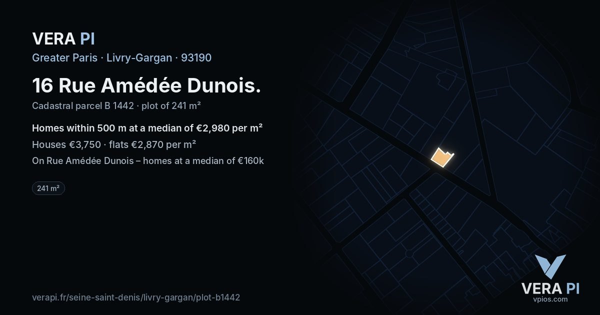16 Rue Amédée Dunois, Livry-Gargan at night – the plot lit, the parcels around coloured by the prices near them