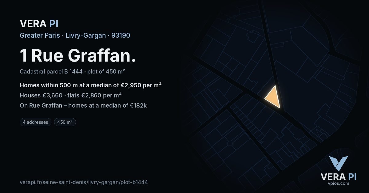 1 Rue Graffan, Livry-Gargan at night – the plot lit, the parcels around coloured by the prices near them