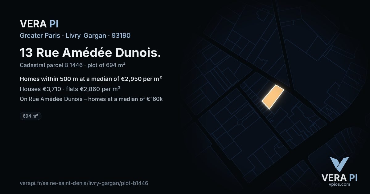 13 Rue Amédée Dunois, Livry-Gargan at night – the plot lit, the parcels around coloured by the prices near them