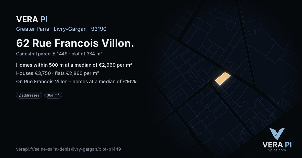 62 Rue Francois Villon, Livry-Gargan at night – the plot lit, the parcels around coloured by the prices near them