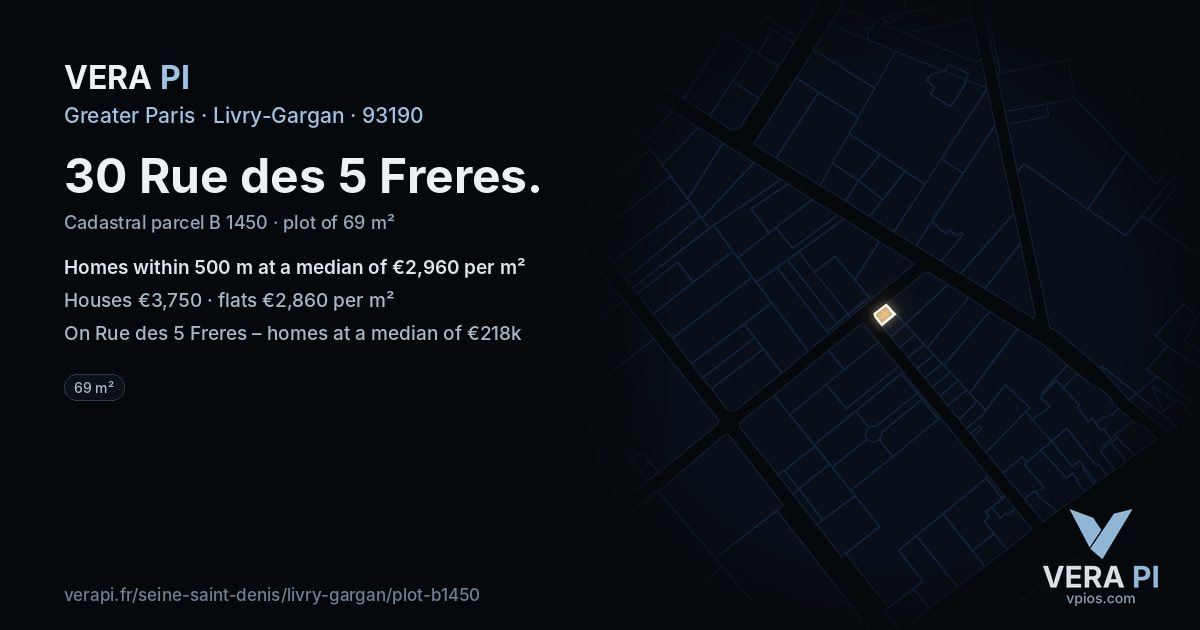 30 Rue des 5 Freres, Livry-Gargan at night – the plot lit, the parcels around coloured by the prices near them