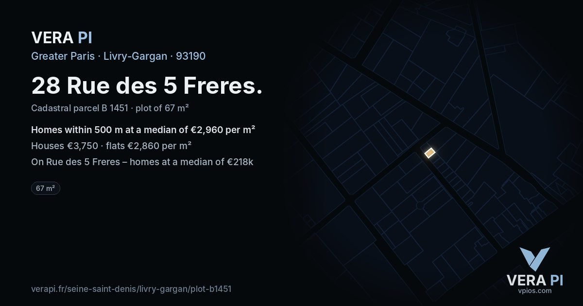 28 Rue des 5 Freres, Livry-Gargan at night – the plot lit, the parcels around coloured by the prices near them