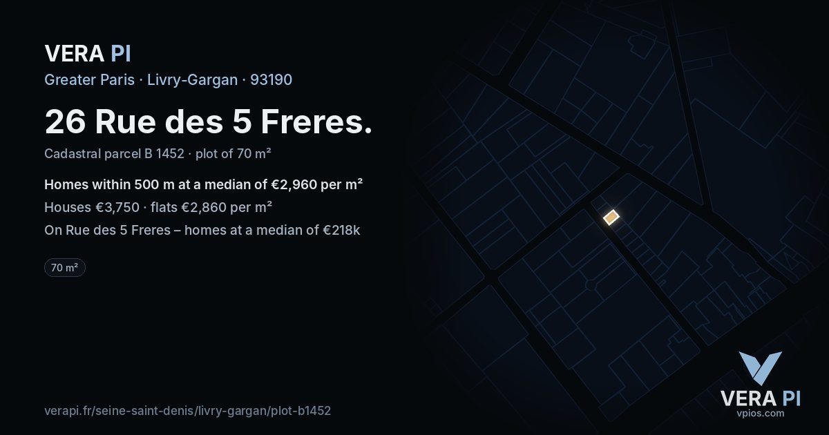 26 Rue des 5 Freres, Livry-Gargan at night – the plot lit, the parcels around coloured by the prices near them