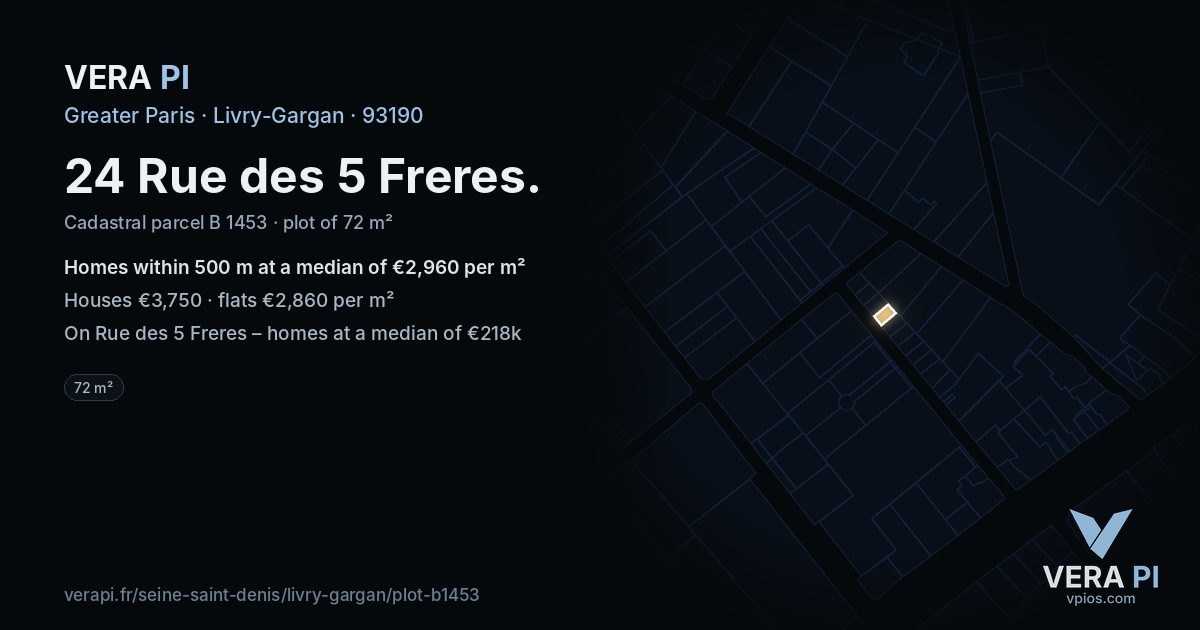 24 Rue des 5 Freres, Livry-Gargan at night – the plot lit, the parcels around coloured by the prices near them