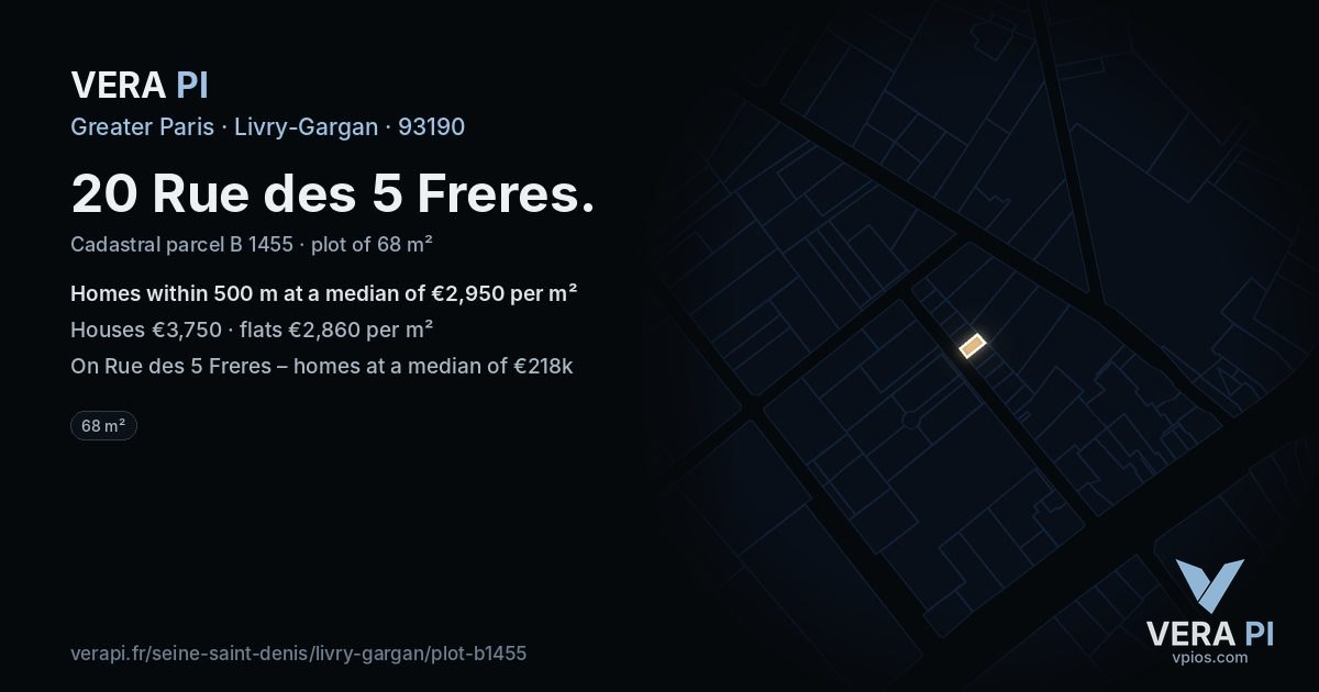 20 Rue des 5 Freres, Livry-Gargan at night – the plot lit, the parcels around coloured by the prices near them