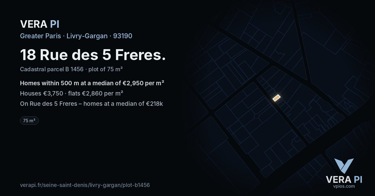 18 Rue des 5 Freres, Livry-Gargan at night – the plot lit, the parcels around coloured by the prices near them