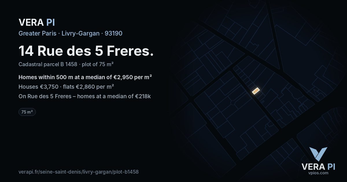 14 Rue des 5 Freres, Livry-Gargan at night – the plot lit, the parcels around coloured by the prices near them