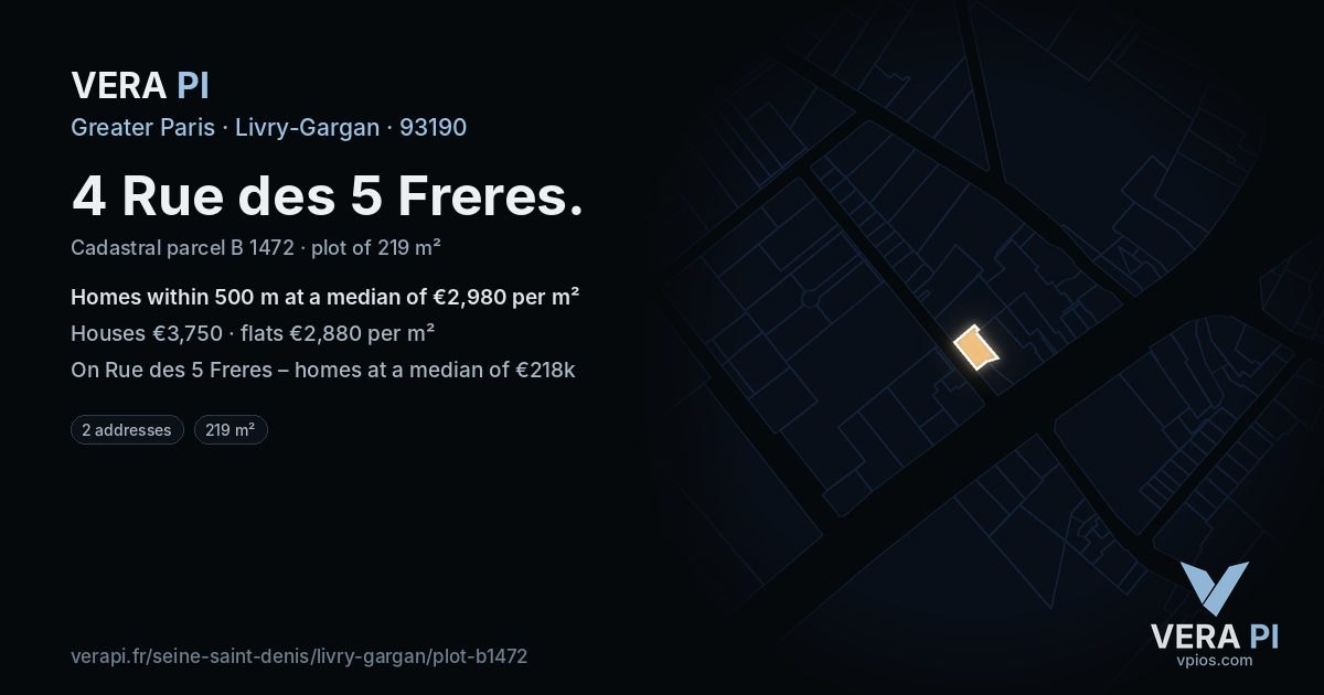 4 Rue des 5 Freres, Livry-Gargan at night – the plot lit, the parcels around coloured by the prices near them