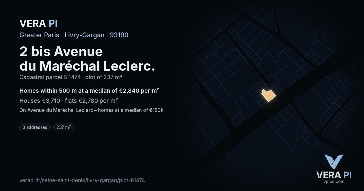 2 bis Avenue du Maréchal Leclerc, Livry-Gargan at night – the plot lit, the parcels around coloured by the prices near them