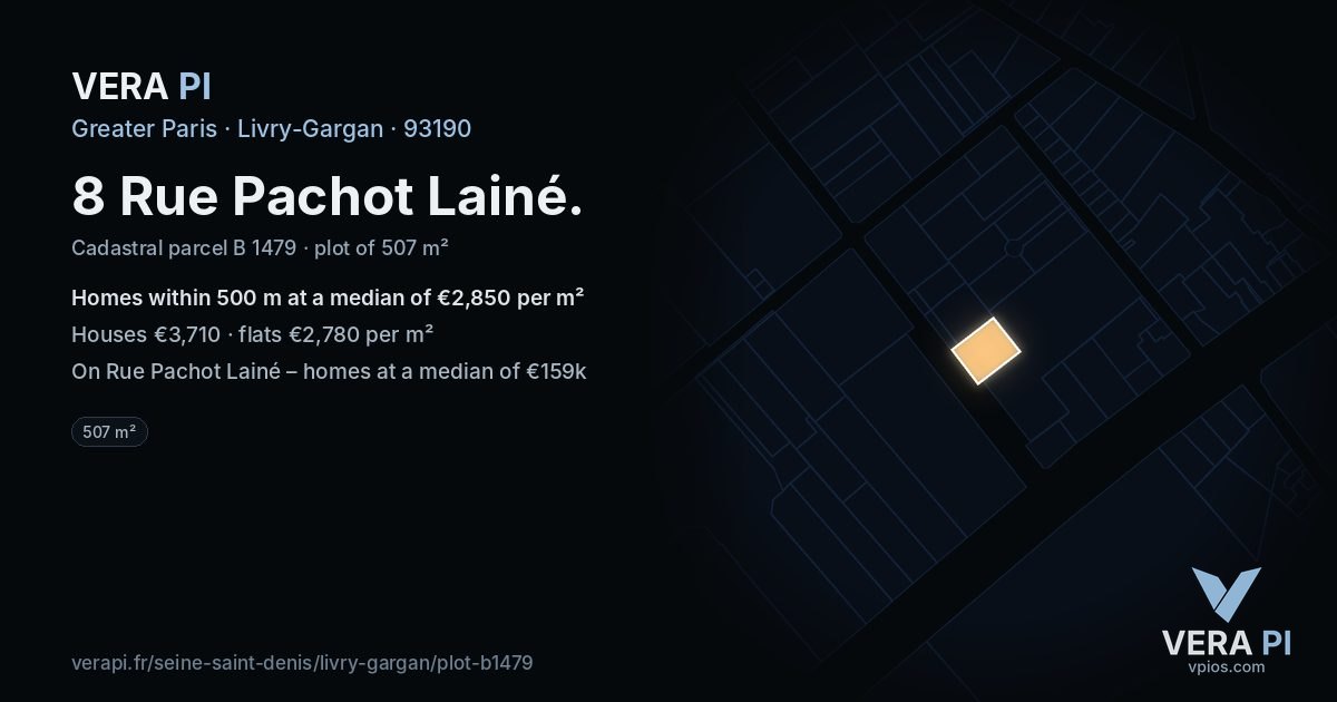 8 Rue Pachot Lainé, Livry-Gargan at night – the plot lit, the parcels around coloured by the prices near them