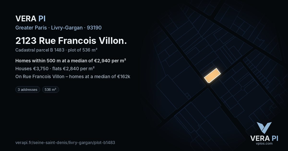 2123 Rue Francois Villon, Livry-Gargan at night – the plot lit, the parcels around coloured by the prices near them