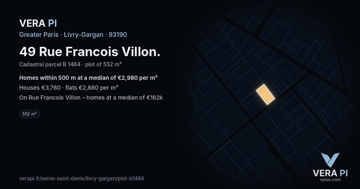 49 Rue Francois Villon, Livry-Gargan at night – the plot lit, the parcels around coloured by the prices near them
