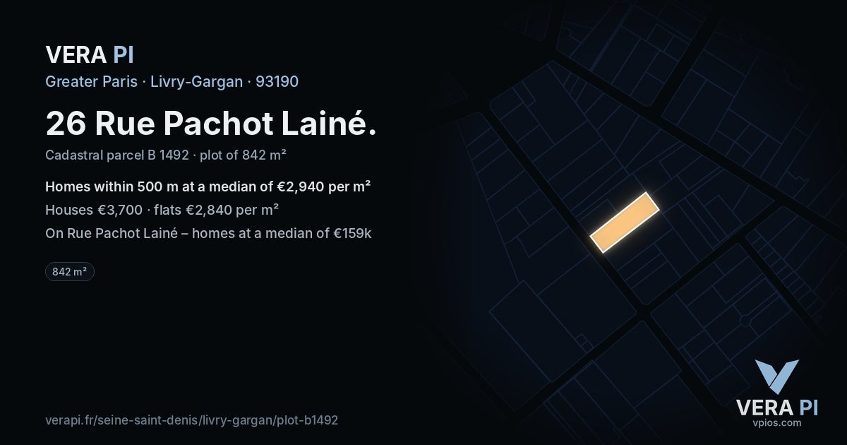 26 Rue Pachot Lainé, Livry-Gargan at night – the plot lit, the parcels around coloured by the prices near them
