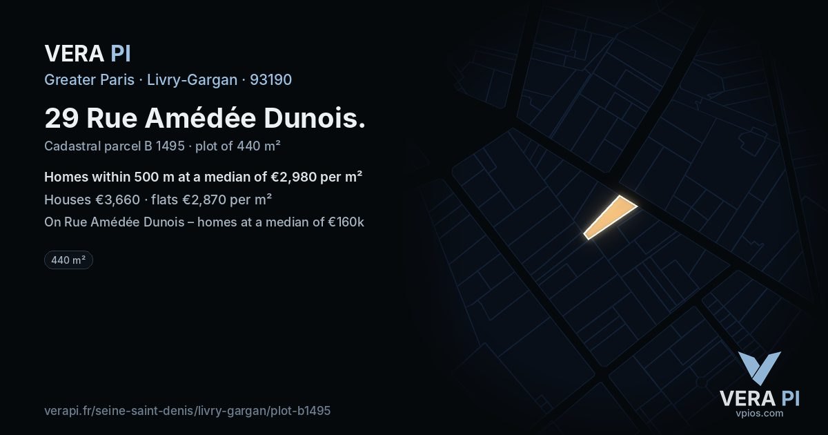 29 Rue Amédée Dunois, Livry-Gargan at night – the plot lit, the parcels around coloured by the prices near them