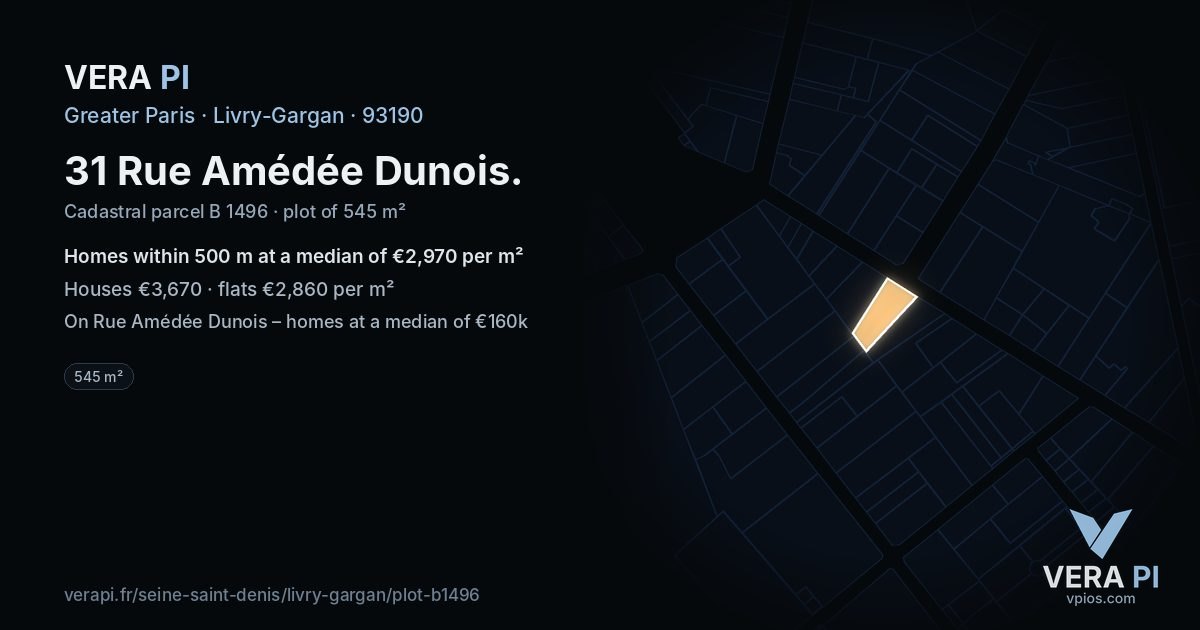 31 Rue Amédée Dunois, Livry-Gargan at night – the plot lit, the parcels around coloured by the prices near them