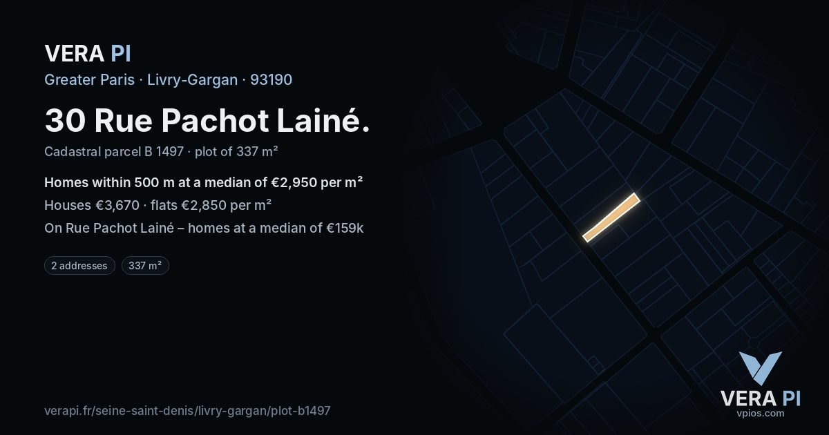 30 Rue Pachot Lainé, Livry-Gargan at night – the plot lit, the parcels around coloured by the prices near them