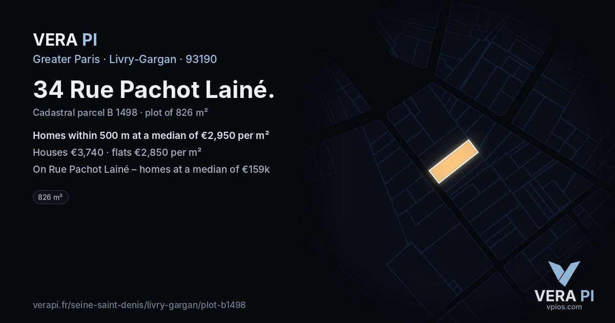 34 Rue Pachot Lainé, Livry-Gargan at night – the plot lit, the parcels around coloured by the prices near them