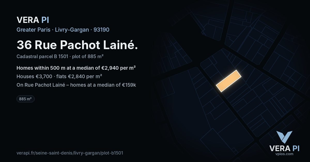 36 Rue Pachot Lainé, Livry-Gargan at night – the plot lit, the parcels around coloured by the prices near them