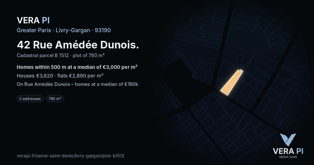 42 Rue Amédée Dunois, Livry-Gargan at night – the plot lit, the parcels around coloured by the prices near them