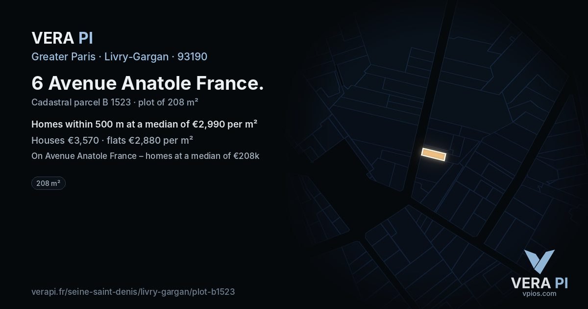 6 Avenue Anatole France, Livry-Gargan at night – the plot lit, the parcels around coloured by the prices near them