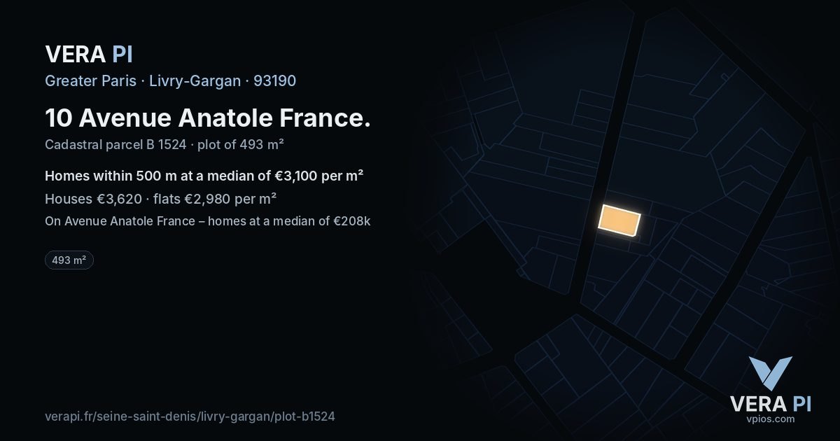 10 Avenue Anatole France, Livry-Gargan at night – the plot lit, the parcels around coloured by the prices near them