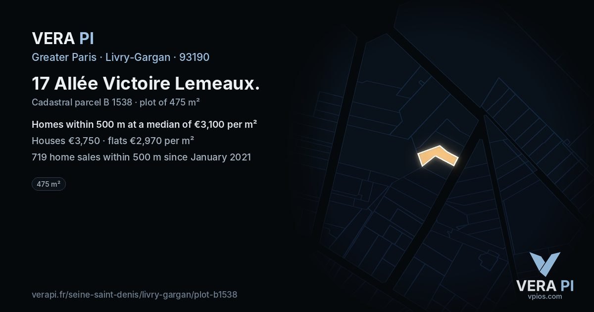17 Allée Victoire Lemeaux, Livry-Gargan at night – the plot lit, the parcels around coloured by the prices near them