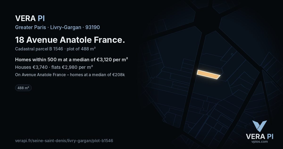 18 Avenue Anatole France, Livry-Gargan at night – the plot lit, the parcels around coloured by the prices near them