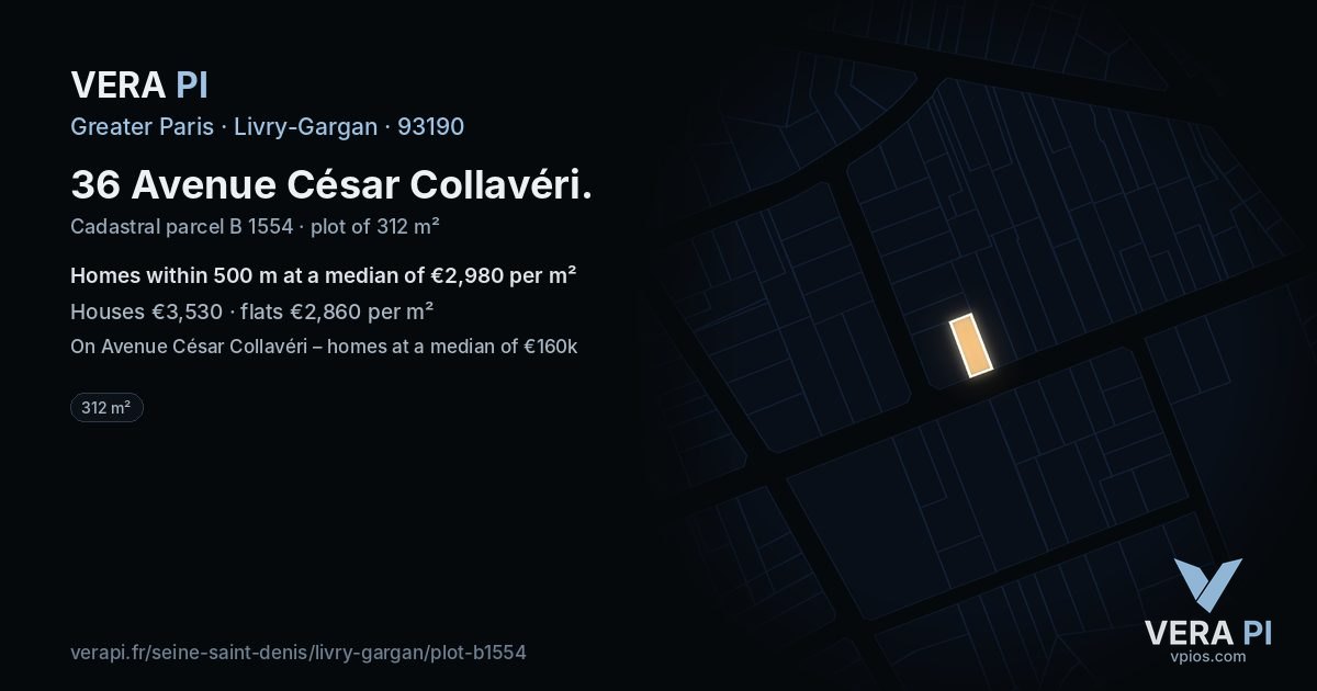 36 Avenue César Collavéri, Livry-Gargan at night – the plot lit, the parcels around coloured by the prices near them
