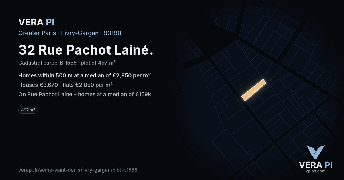 32 Rue Pachot Lainé, Livry-Gargan at night – the plot lit, the parcels around coloured by the prices near them
