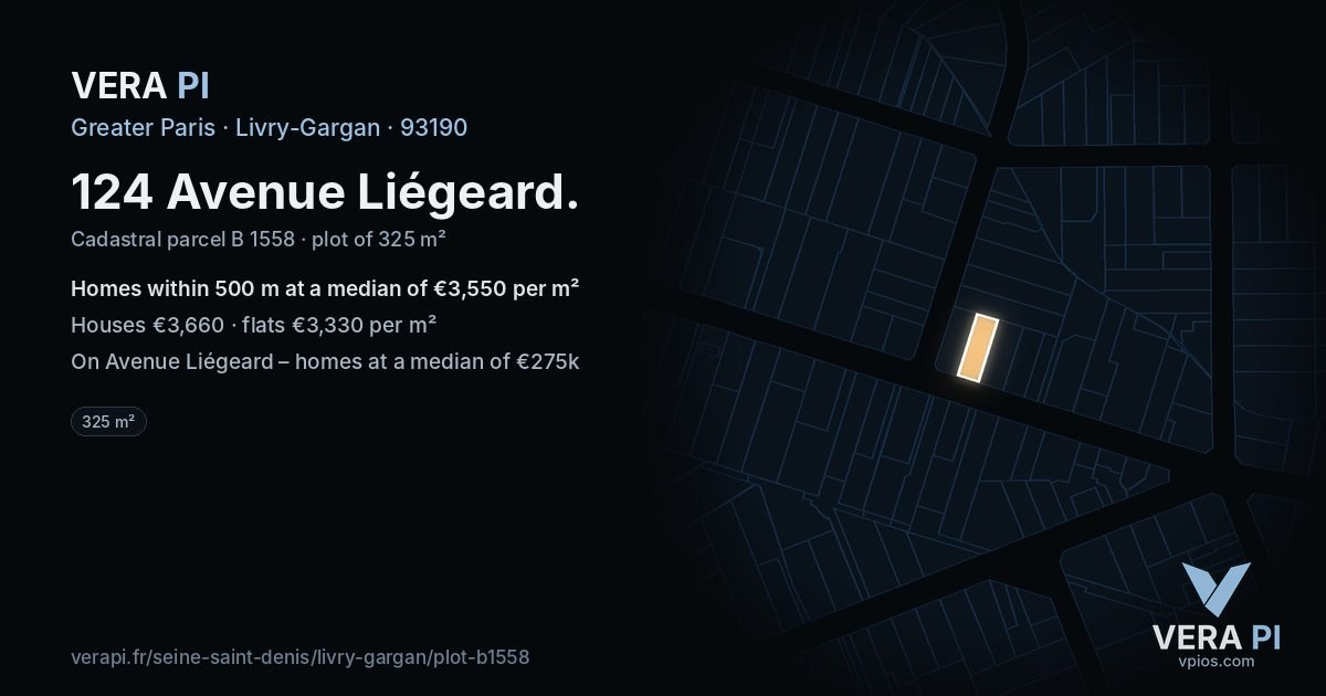 124 Avenue Liégeard, Livry-Gargan at night – the plot lit, the parcels around coloured by the prices near them
