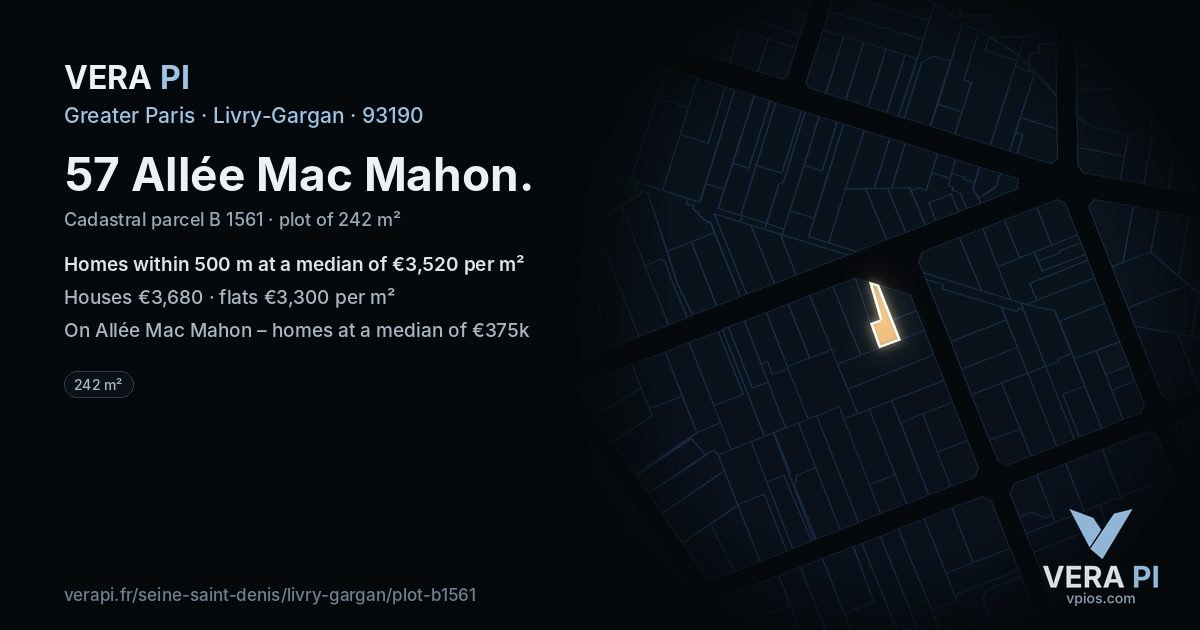 57 Allée Mac Mahon, Livry-Gargan at night – the plot lit, the parcels around coloured by the prices near them