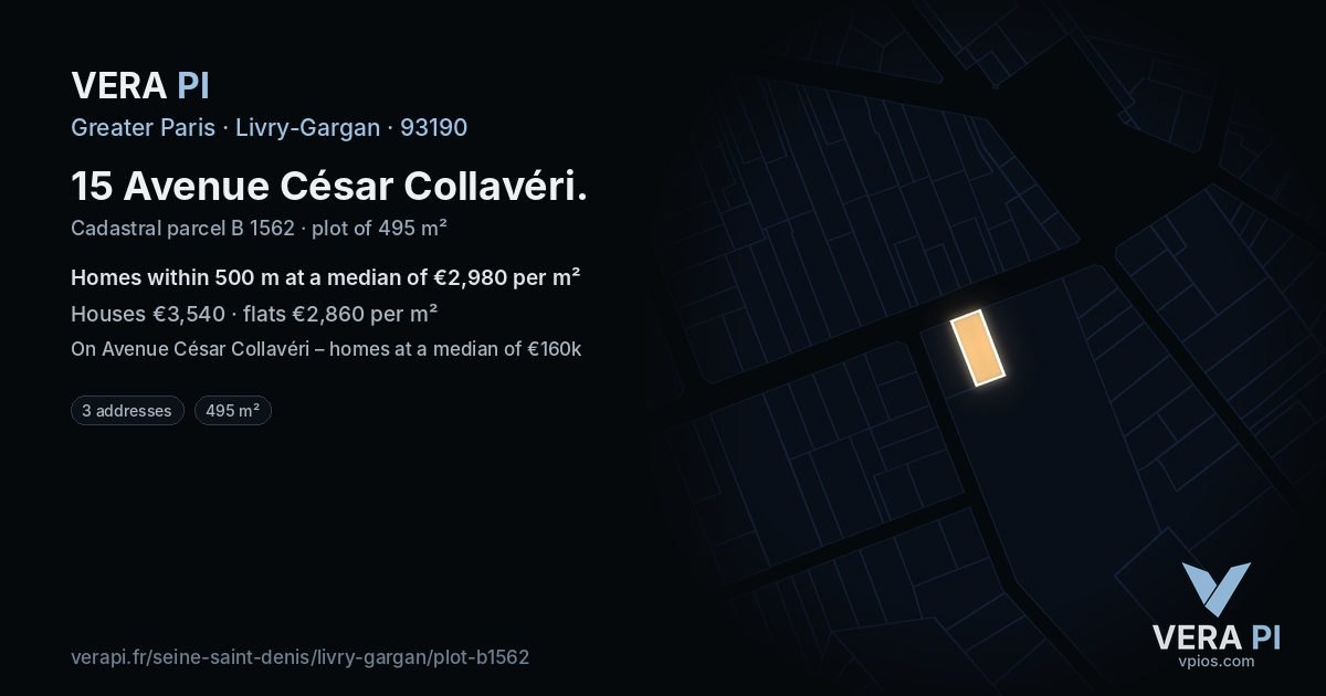 15 Avenue César Collavéri, Livry-Gargan at night – the plot lit, the parcels around coloured by the prices near them