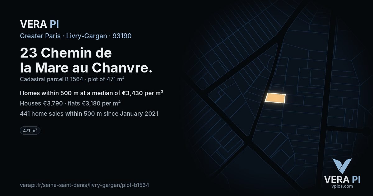 23 Chemin de la Mare au Chanvre, Livry-Gargan at night – the plot lit, the parcels around coloured by the prices near them