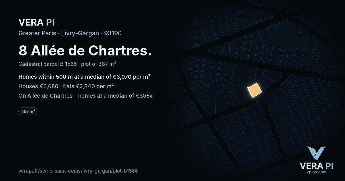8 Allée de Chartres, Livry-Gargan at night – the plot lit, the parcels around coloured by the prices near them