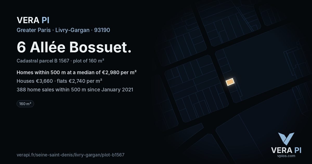 6 Allée Bossuet, Livry-Gargan at night – the plot lit, the parcels around coloured by the prices near them