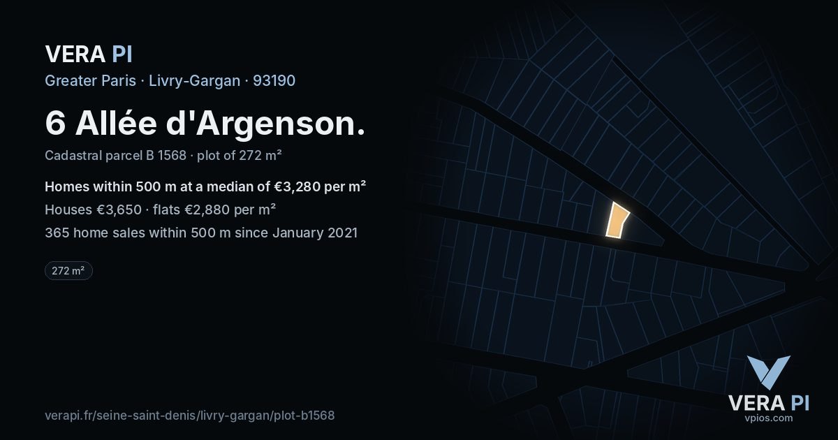 6 Allée d'Argenson, Livry-Gargan at night – the plot lit, the parcels around coloured by the prices near them