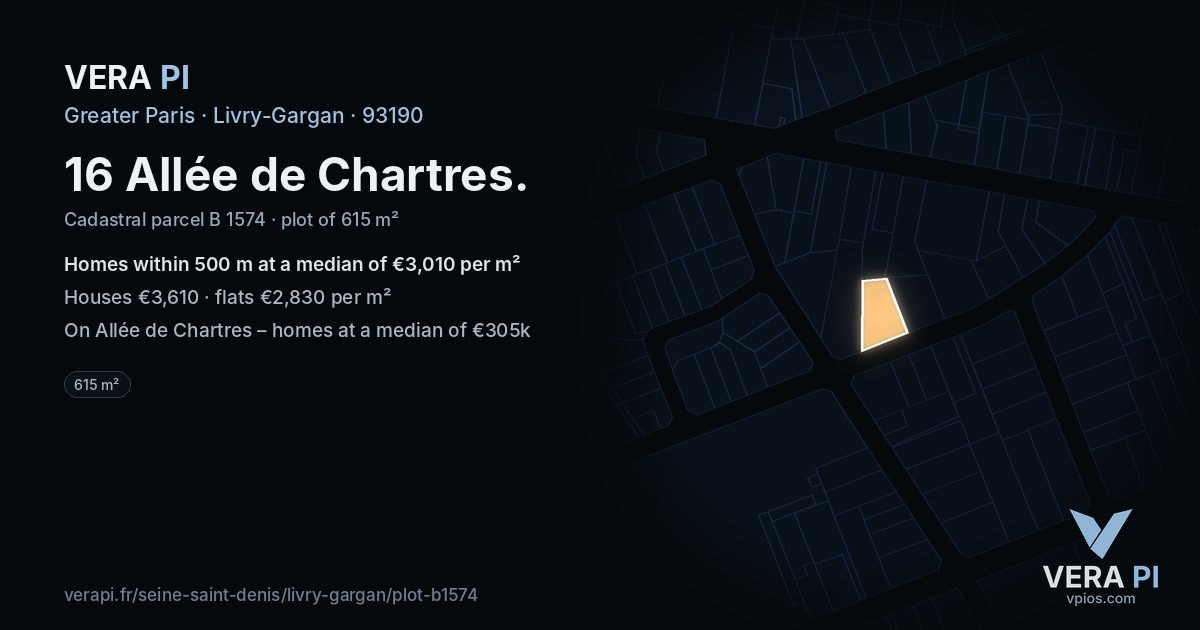 16 Allée de Chartres, Livry-Gargan at night – the plot lit, the parcels around coloured by the prices near them