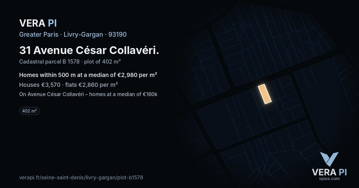 31 Avenue César Collavéri, Livry-Gargan at night – the plot lit, the parcels around coloured by the prices near them