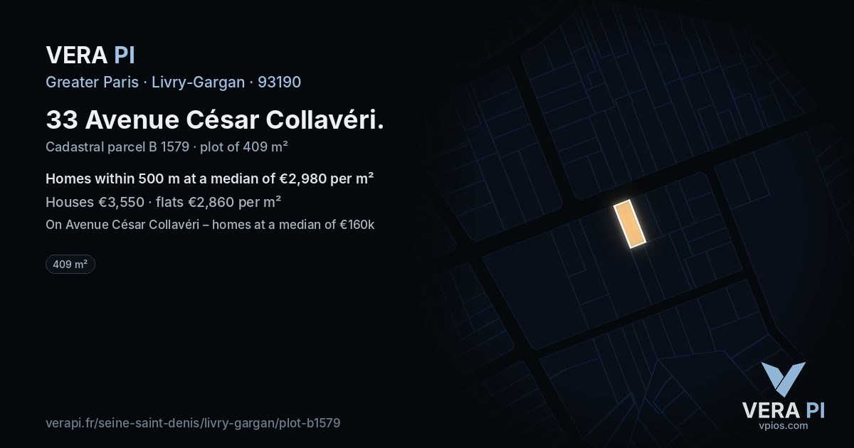 33 Avenue César Collavéri, Livry-Gargan at night – the plot lit, the parcels around coloured by the prices near them