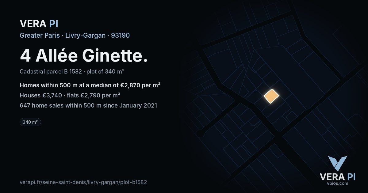 4 Allée Ginette, Livry-Gargan at night – the plot lit, the parcels around coloured by the prices near them