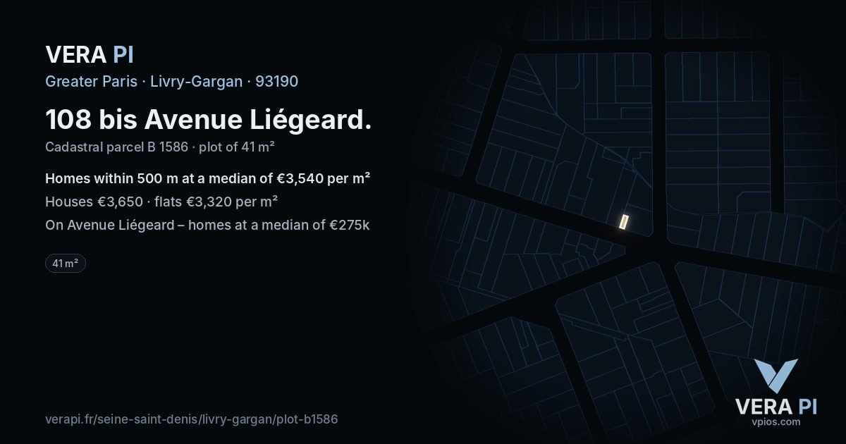 108 bis Avenue Liégeard, Livry-Gargan at night – the plot lit, the parcels around coloured by the prices near them