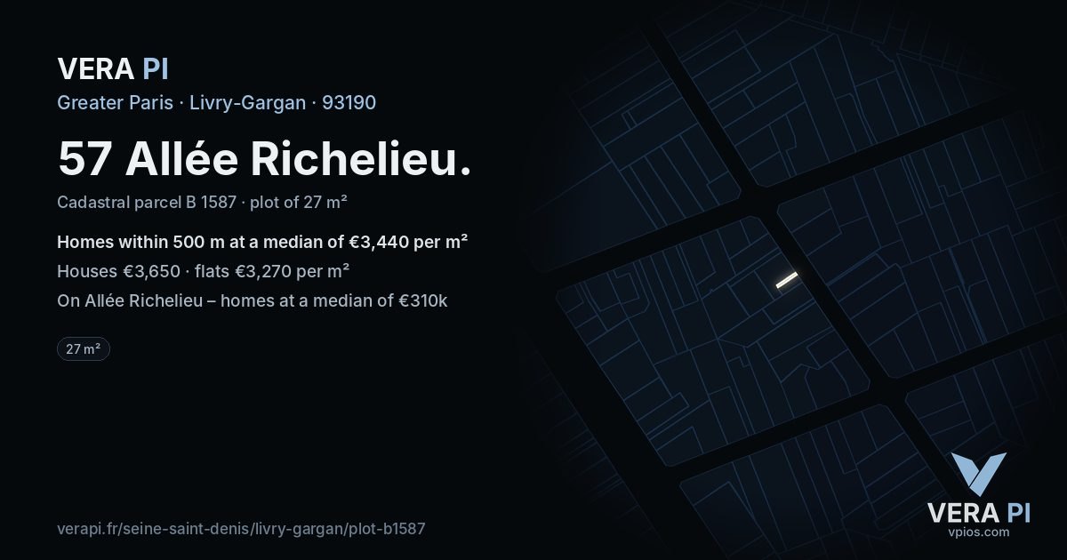 57 Allée Richelieu, Livry-Gargan at night – the plot lit, the parcels around coloured by the prices near them