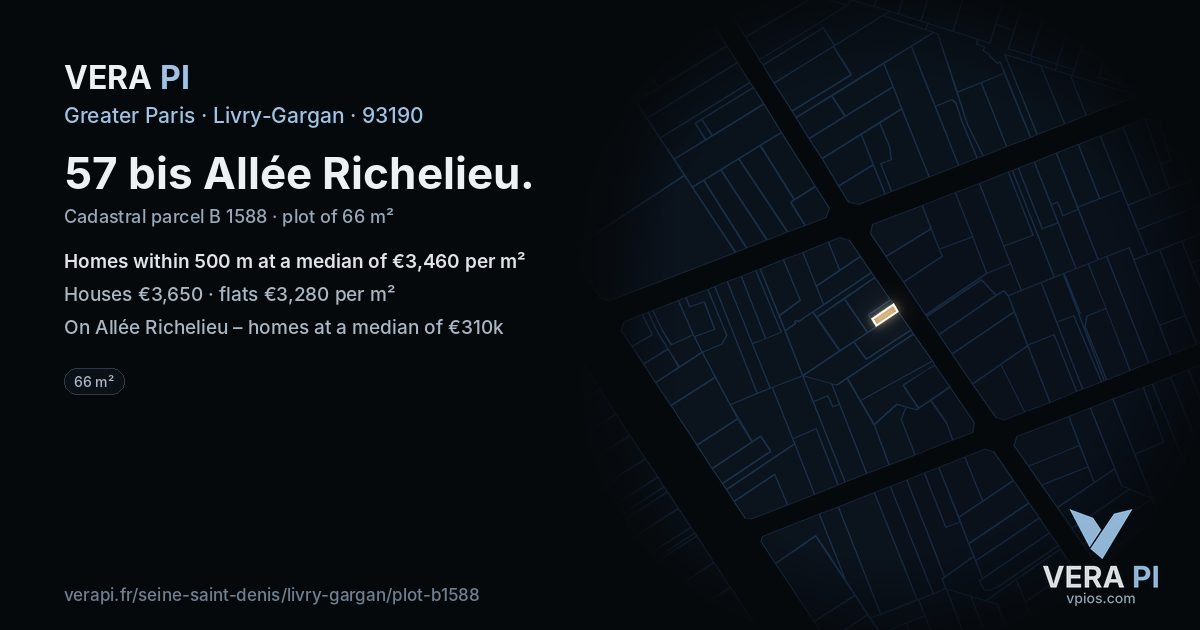 57 bis Allée Richelieu, Livry-Gargan at night – the plot lit, the parcels around coloured by the prices near them