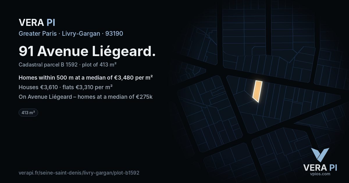 91 Avenue Liégeard, Livry-Gargan at night – the plot lit, the parcels around coloured by the prices near them