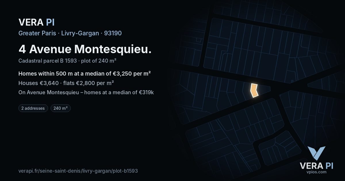 4 Avenue Montesquieu, Livry-Gargan at night – the plot lit, the parcels around coloured by the prices near them